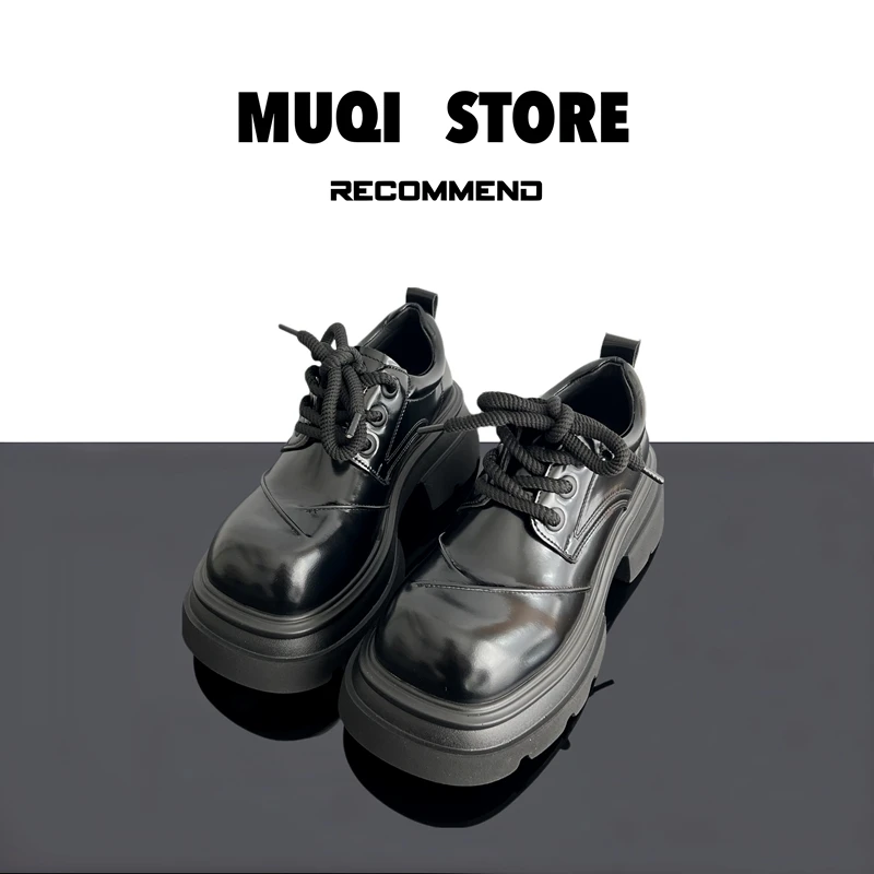 MUQI 春季新款圆头系带高跟乐福鞋厚底时尚牛津鞋潮流复古秋伦风