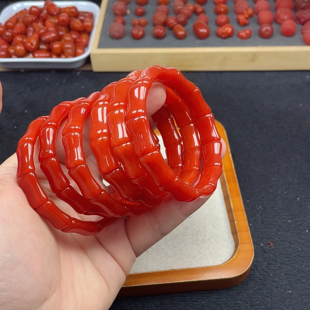未镶嵌4号保山锦红亮光竹节手牌南红玛瑙