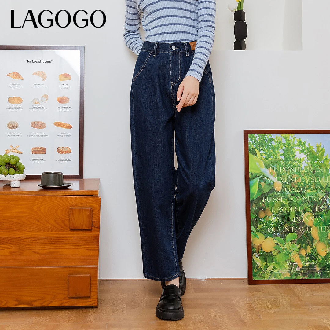 lagogo新款高腰舒适显瘦阔腿牛仔裤女MANN538A93