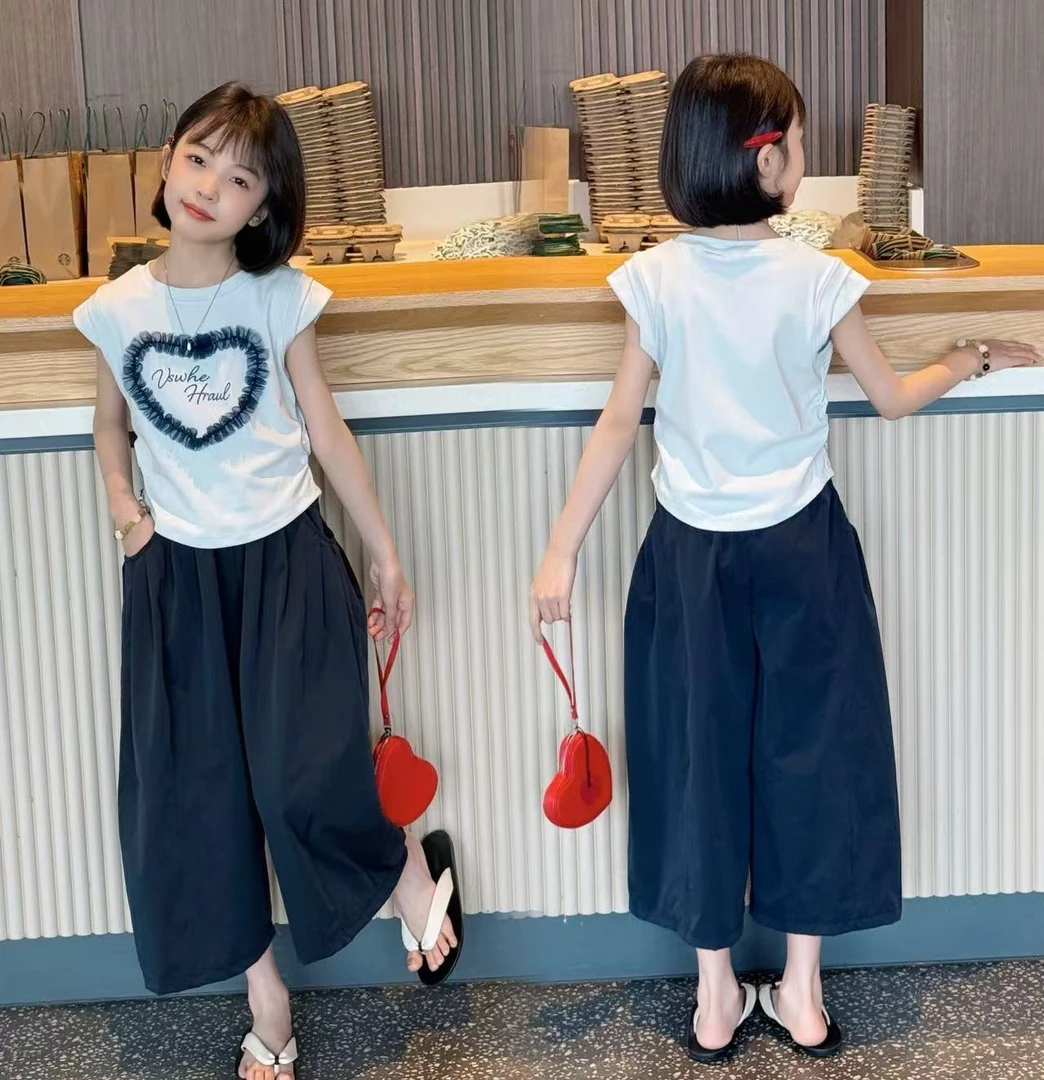 女童2025夏季潮酷穿搭爱心短袖T恤阔腿裤D