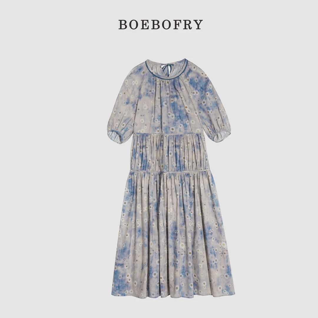 BOEBOFRY<菊影浮光>夏纯棉圆领气质宽松减龄碎花连衣裙BE2L0852