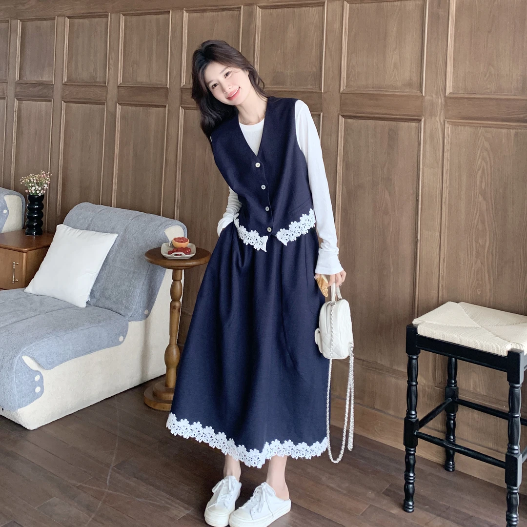 韩版蕾丝拼接西装马甲打底衫高腰显瘦半身裙三件套女春季气质套装