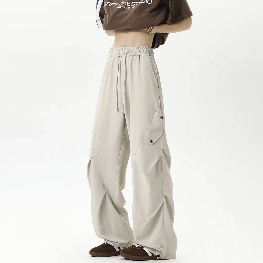 春夏透气直筒百搭潮流休闲裤男工装宽松抽绳捏褶长裤情侣款裤子