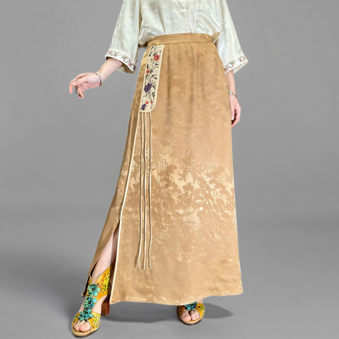 原创新中式国风刺绣提花气质百搭香槟色松紧腰半身裙长裙女