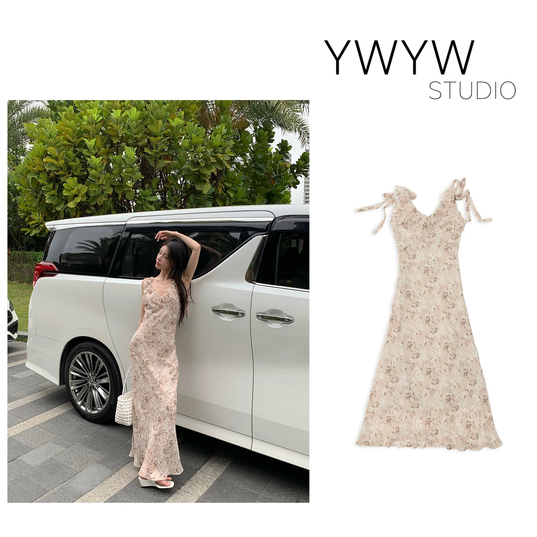 【YWYW25S/S】春夏时尚气质木耳领碎花连衣微弹修身A字长裙3879