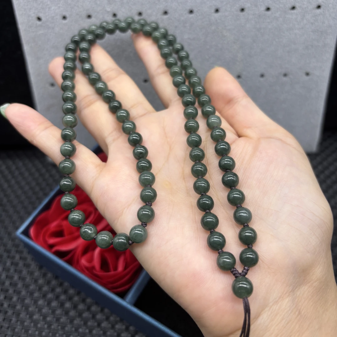 福利天然缅甸A货翡翠老油青圆珠6mm玉石珠链吊坠绳项链毛衣链百搭
