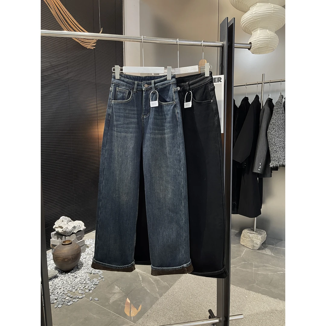 加厚复合绒 带弹力直筒窄版阔腿牛仔裤8105（清）