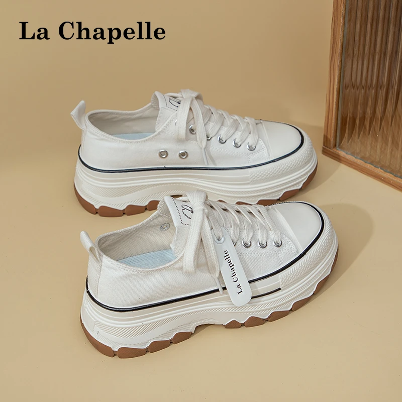 拉夏贝尔帆布鞋小白鞋女款厚底2025新款透气女鞋休闲百搭小众增高