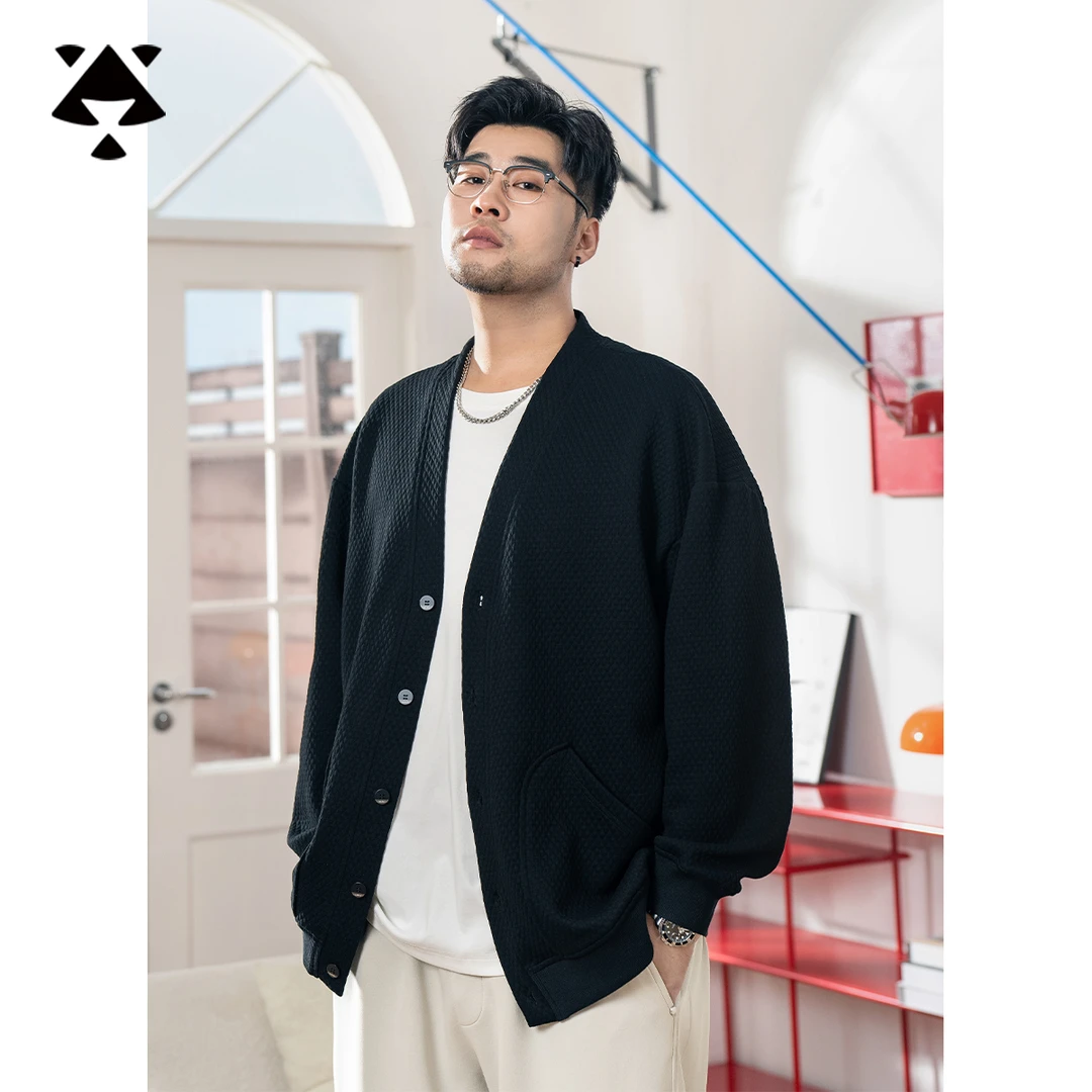 ¡森爆款大码男装菱形格夹克开衫男款秋冬胖哥潮流休闲宽松外套