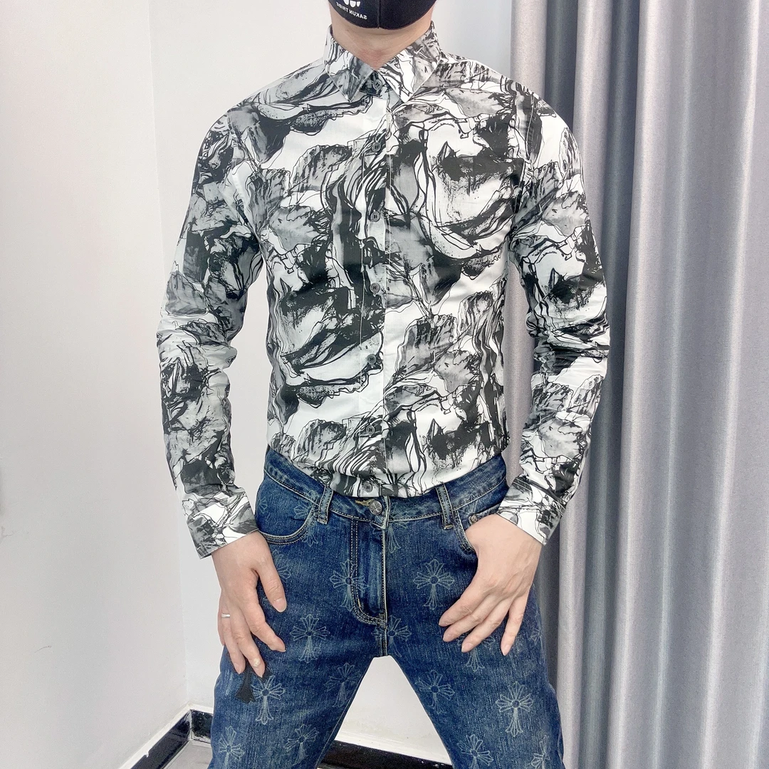 水墨画印花中国风免烫衬衫男修身百搭潮流薄款长袖衬衣男装上衣潮