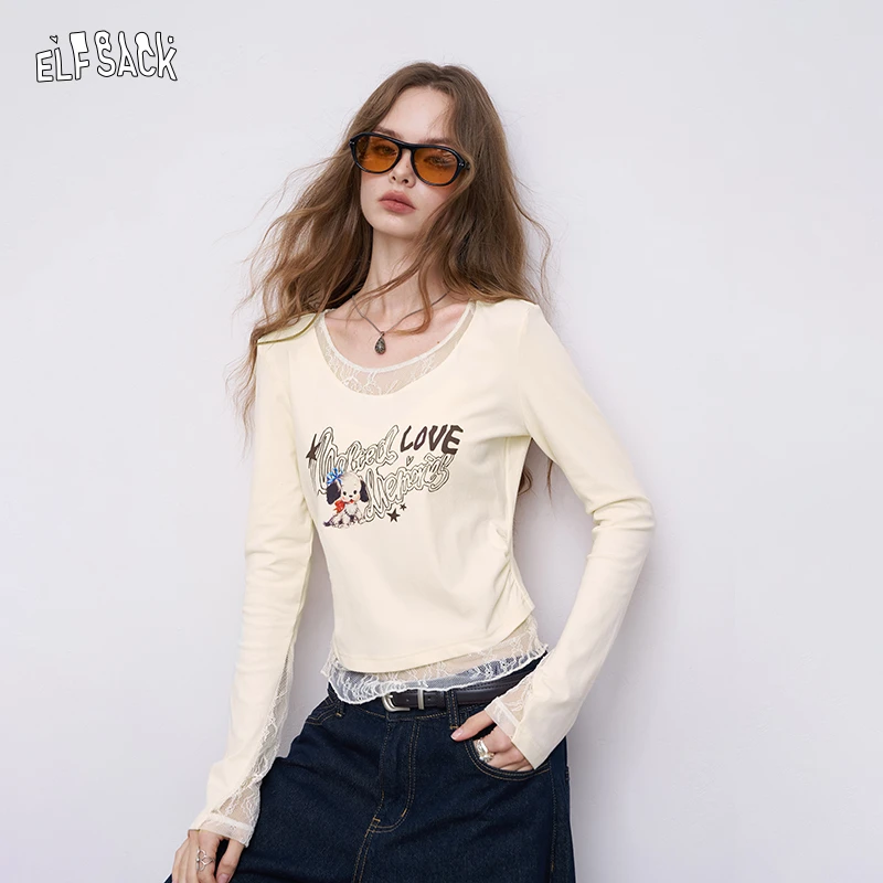妖精的口袋白色蕾丝拼接印花长袖t恤女2025早秋新款修身薄款上衣