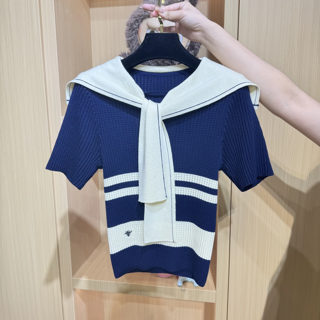 <猪猪出品>秋上新海军领针织衫蓝色中袖套头撞色气质拼接百搭时尚