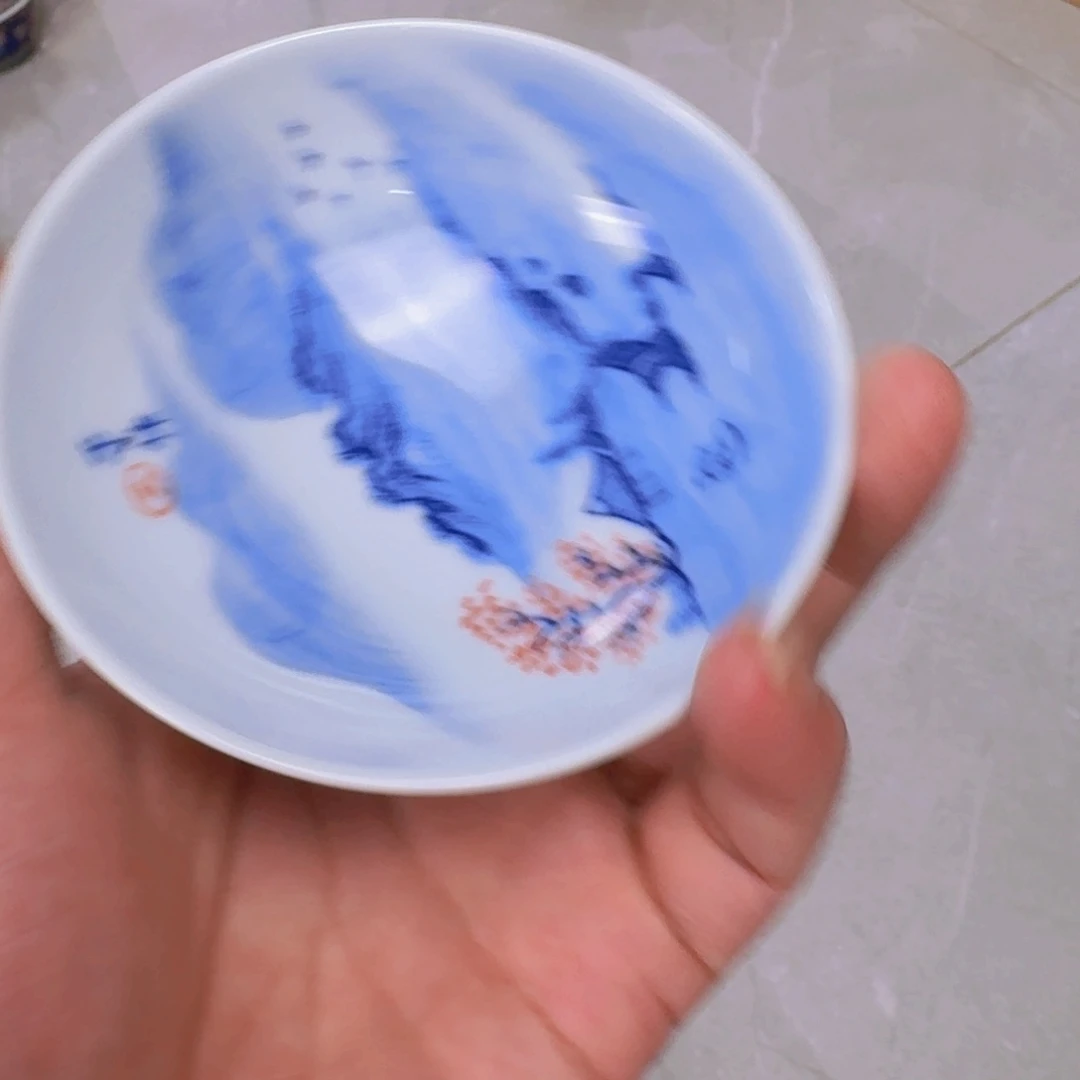 瓷片手工手绘山水普洱杯景德镇