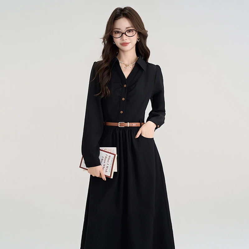 秋冬新品风小黑裙法式收腰连衣裙女高级感小众衬衫裙子D034显瘦
