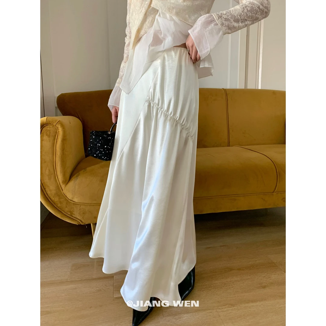 UKILAU【高光半裙】光泽感珠光缎面杏色长裙半裙