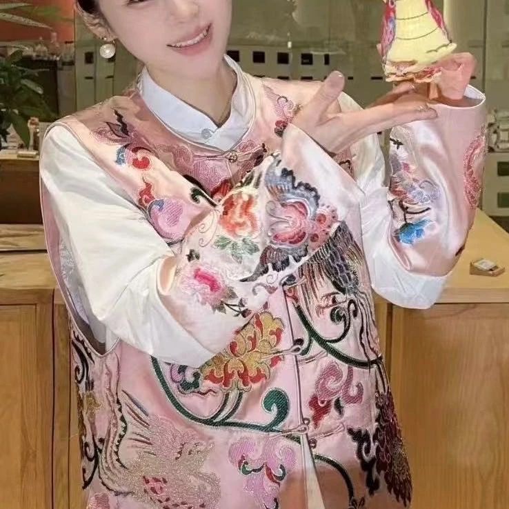 深圳89301新中式九曲莲花时来运转重工刺绣马甲国风马夹