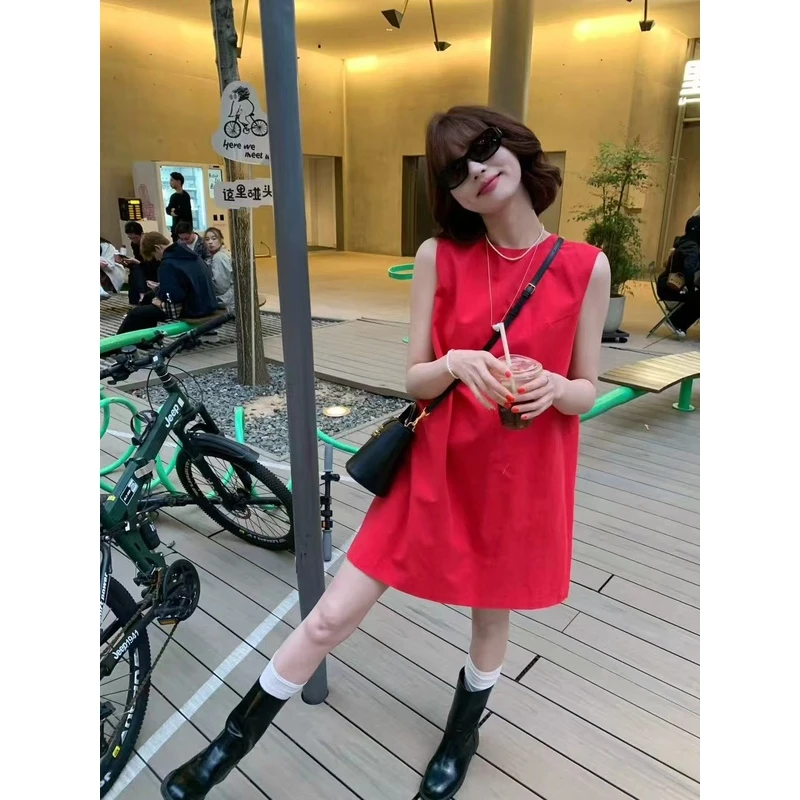 猫姐推荐｜韩版设计感宽松显瘦简约中长款棉麻圆领无袖背心连衣裙