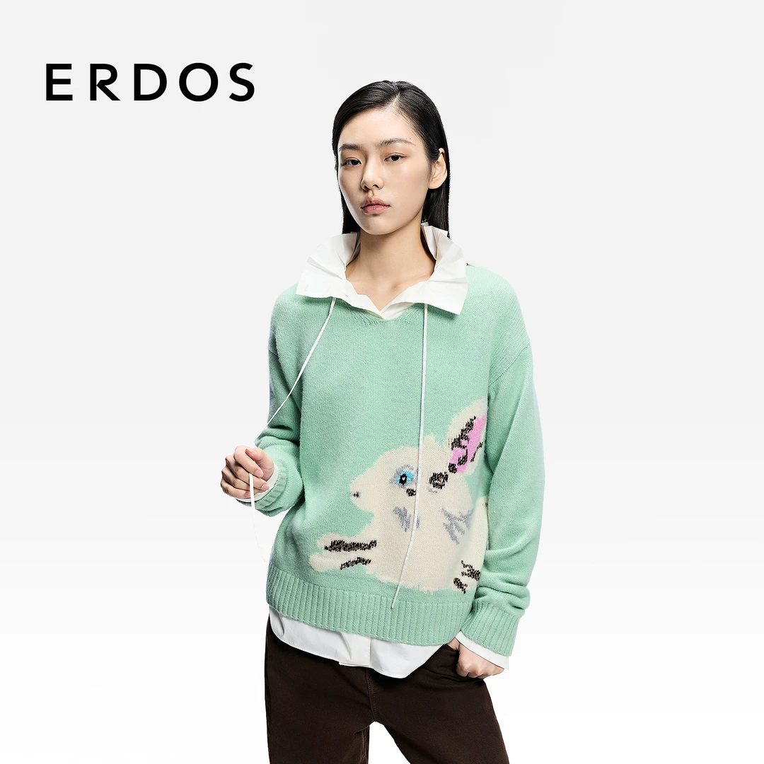 ERDOS V领提花女士羊绒套衫2026年早春新品多巴胺涂鸦装饰针织衫