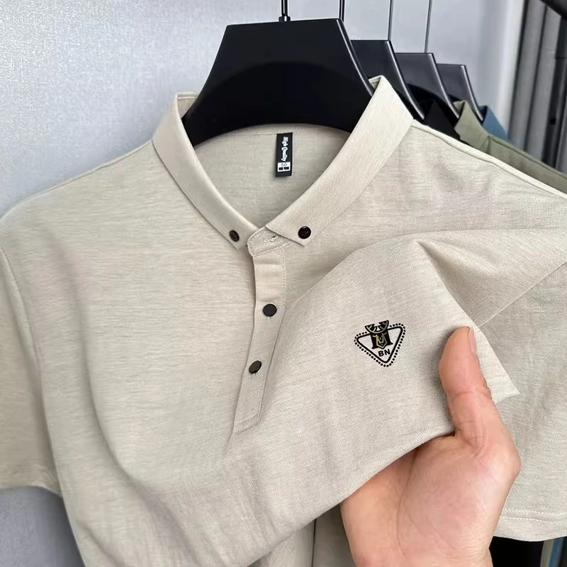 VIATEMSIARY夏季冰丝短袖T恤男士商务休闲宽松烫钻保罗纯色Polo衫