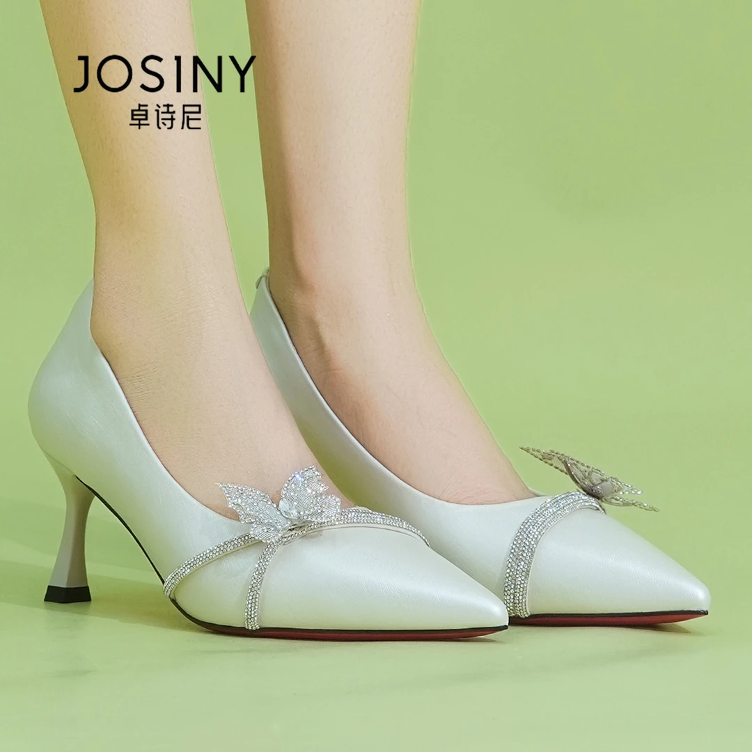 JOSINY/卓诗尼秋季2025年蝴蝶结水钻气质时尚通勤高跟鞋尖头浅口