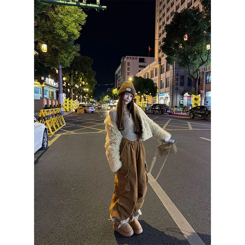 2025美式秋冬时尚洋气设计小众休闲长袖外套上衣高腰宽松直筒裤女