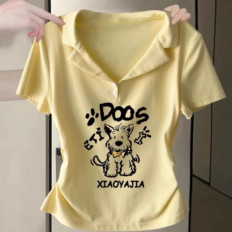 多巴胺穿搭奶黄色POLO领短袖t恤女夏季甜辣妹正肩修身设计感上衣