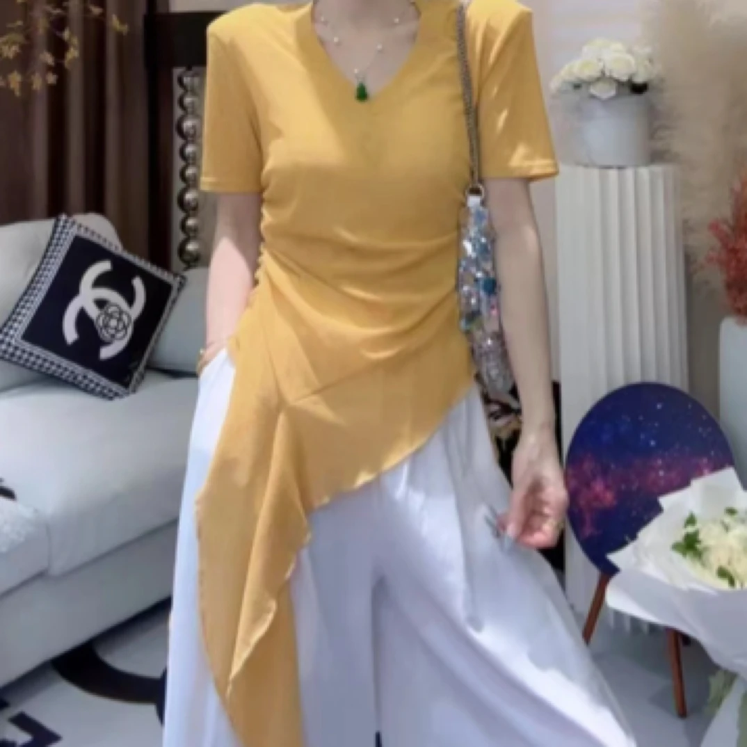 【月姐家大码女装】纯色系正肩V领短袖T恤女夏季不规则飘带百搭上衣