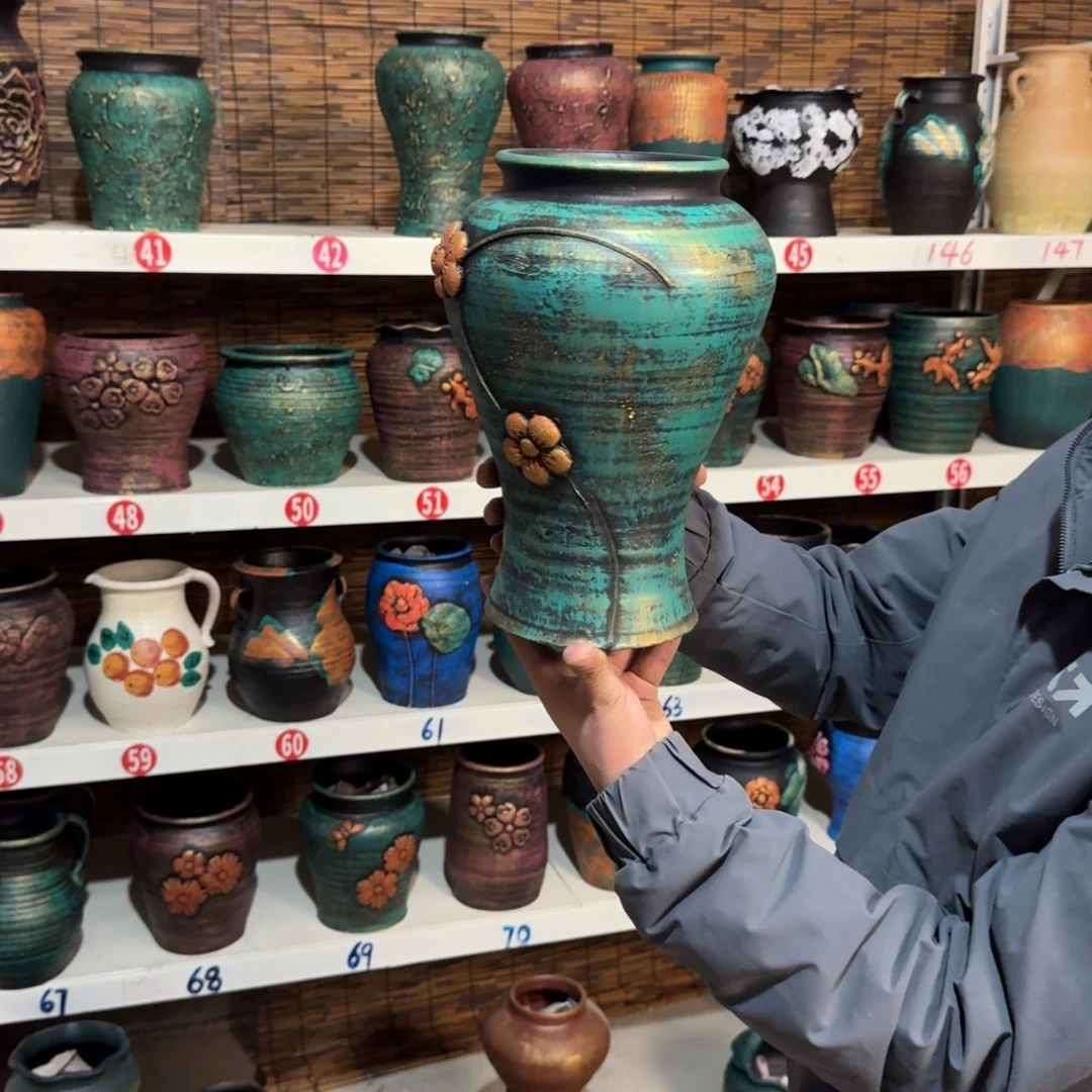 红陶红陶浮雕花盆炸炸炸