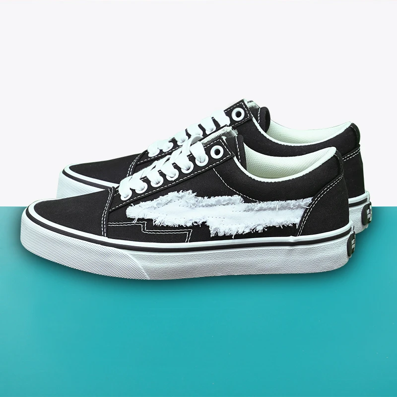 REVENFE X SPOTM FLAME OS联名款复仇风暴闪电鞋流苏黑色帆布鞋