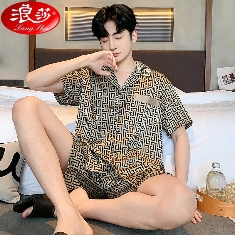 浪莎冰丝睡衣男款夏季休闲条绸短袖短裤夏天青年大码高级感家居服