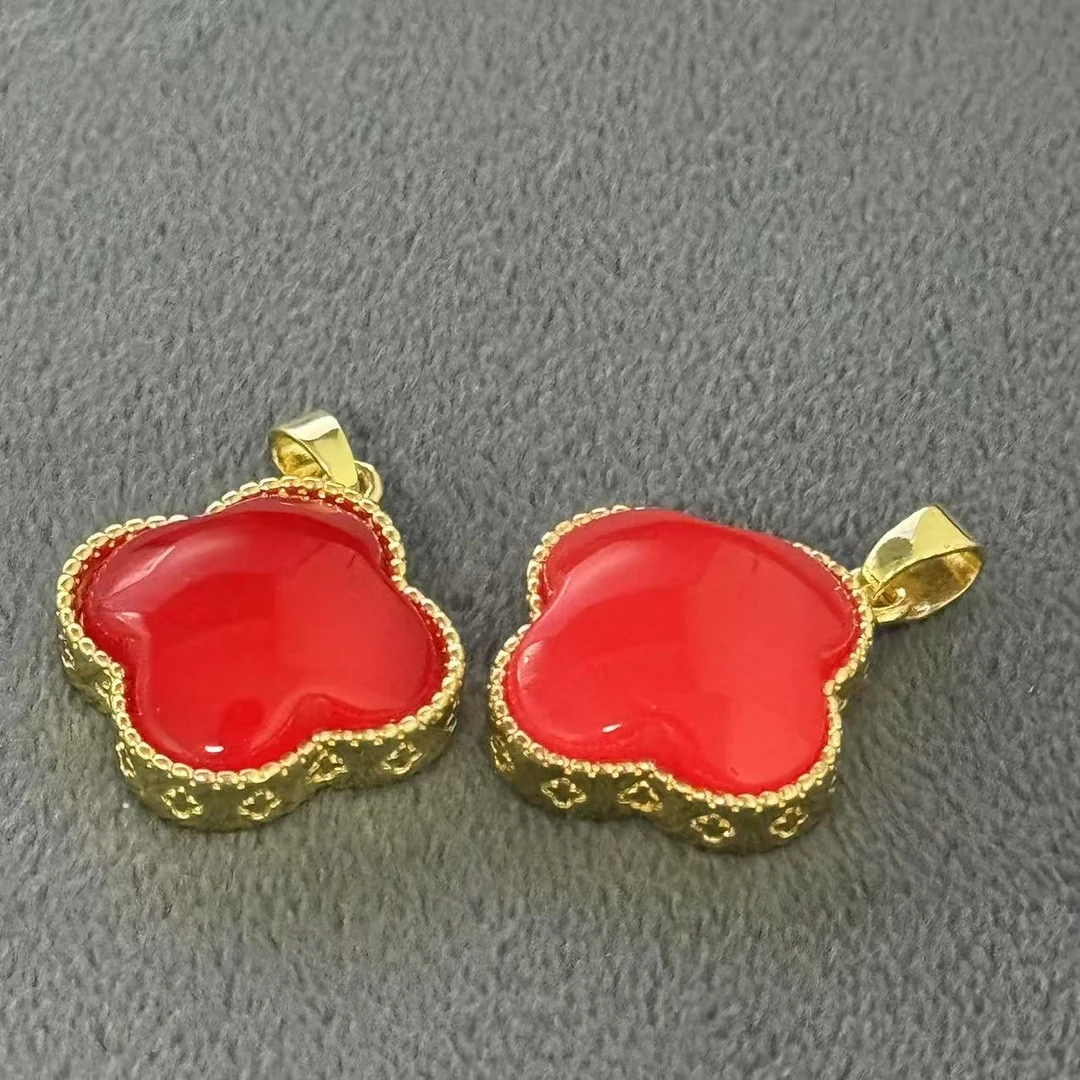 天然满色满肉锦红四叶草吊坠