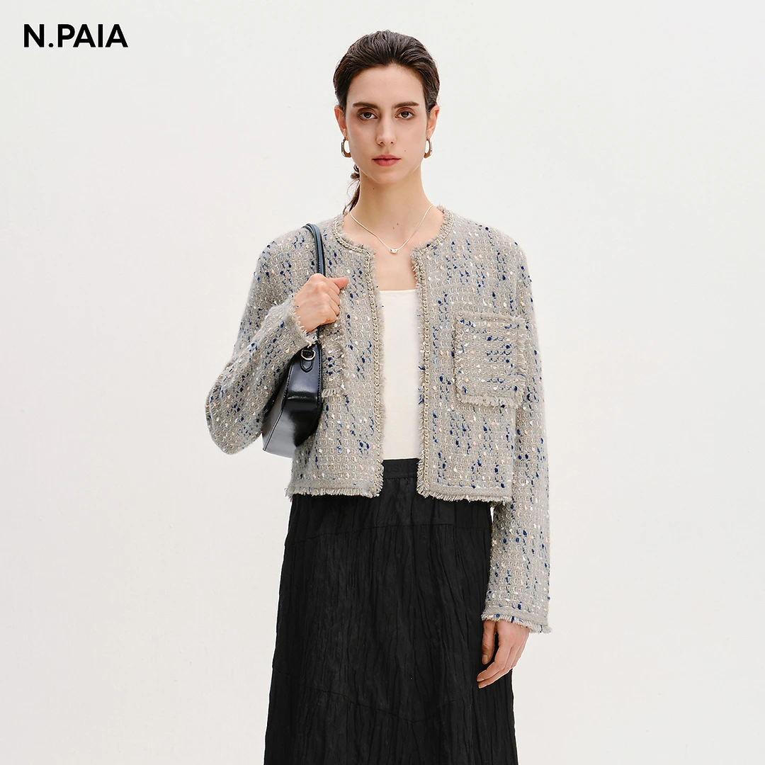 恩派雅2025新款山羊绒花呢纱线小香风毛衣短外套女XNKPG9101A