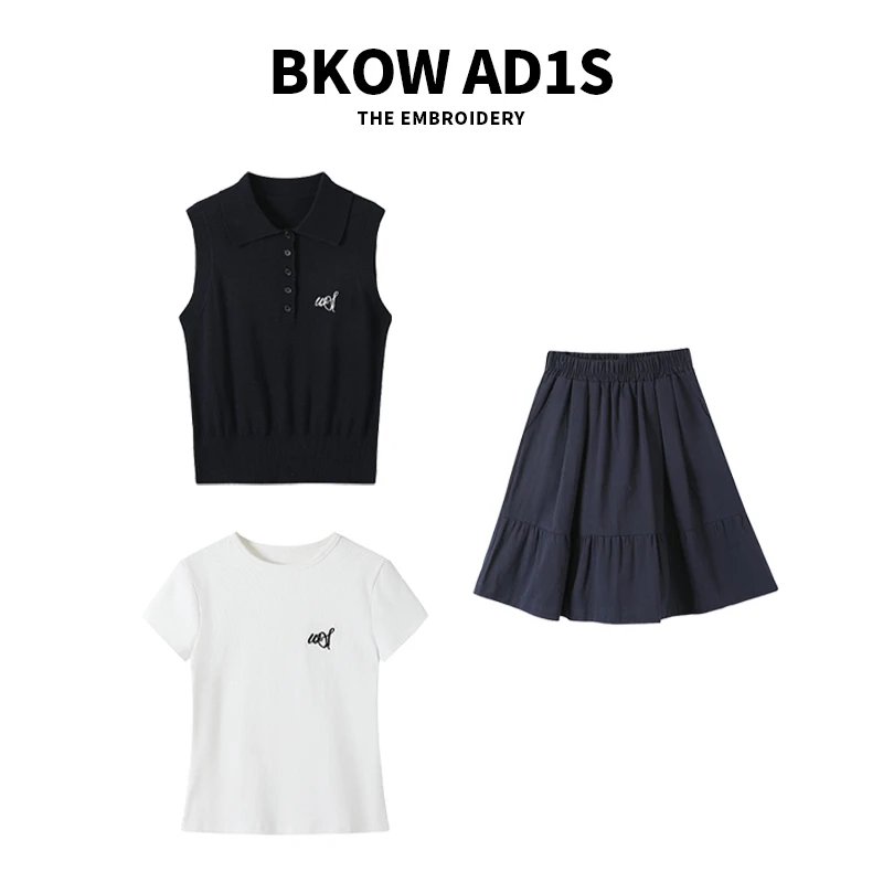 BKOW AD1S 韩系通勤学院风套装中裙白T恤POLO领马甲三件套