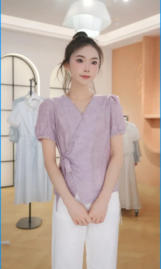 F2956洋气紫色短袖衬衫夏季新款收腰系带短款上衣气质女装