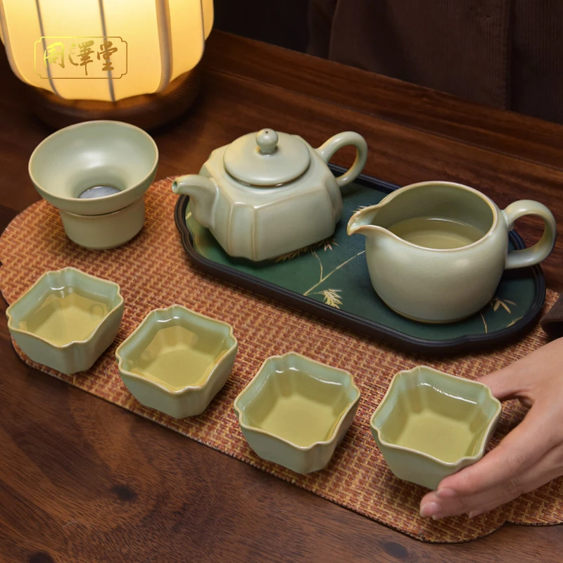 周泽堂汝官窑四海茶组茶壶套装景德镇手工陶瓷复古汝瓷礼盒青瓷