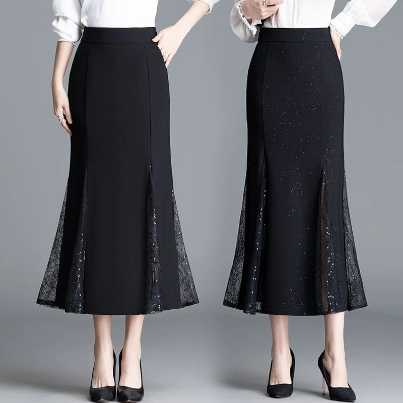 2025春夏新款蕾丝拼接中长款字裙满天星高腰银鱼尾显瘦半2025