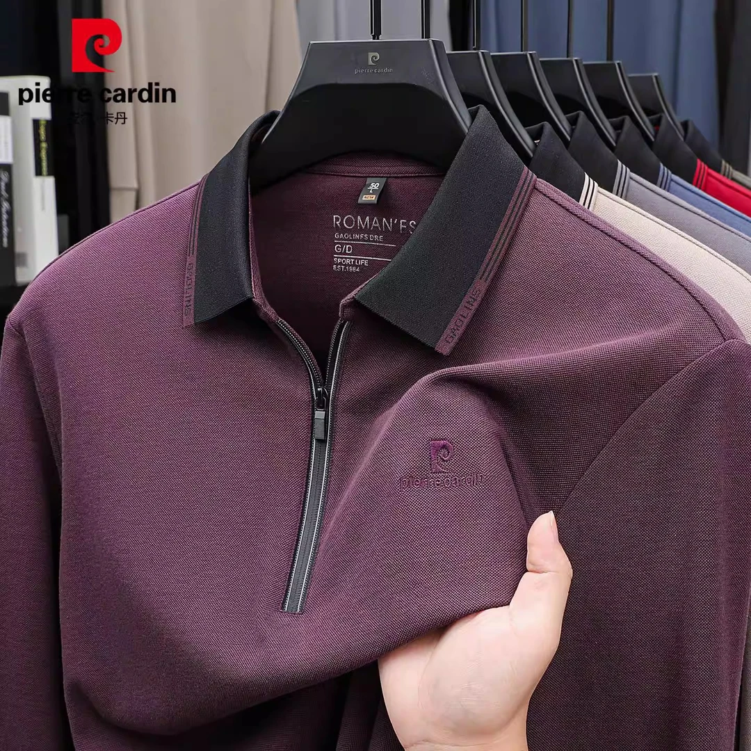 皮尔卡丹高端男士长袖Polo衫秋季新款翻领拉链痞帅慵懒风上衣男装