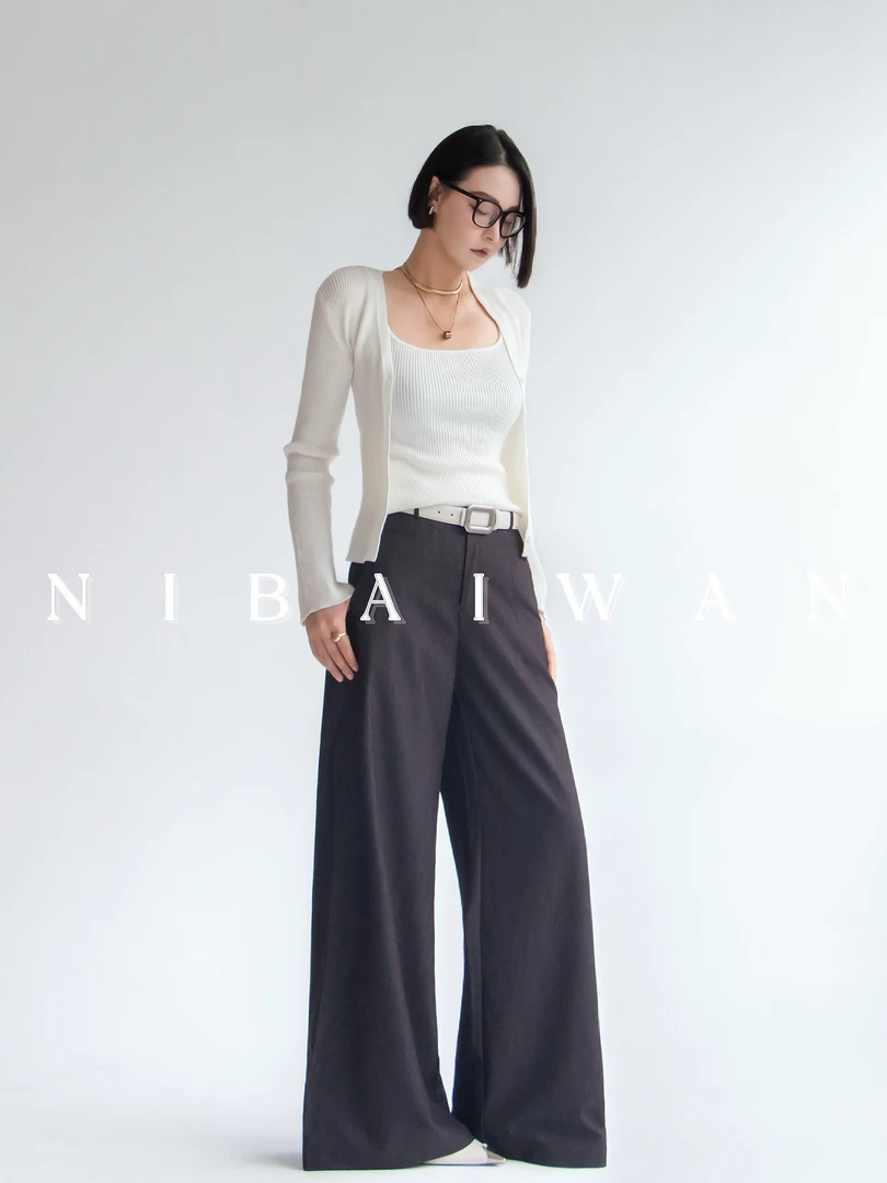 NBW25秋上新复古高腰阔腿设计师宽松时尚纯色百搭烟黑通勤休闲裤