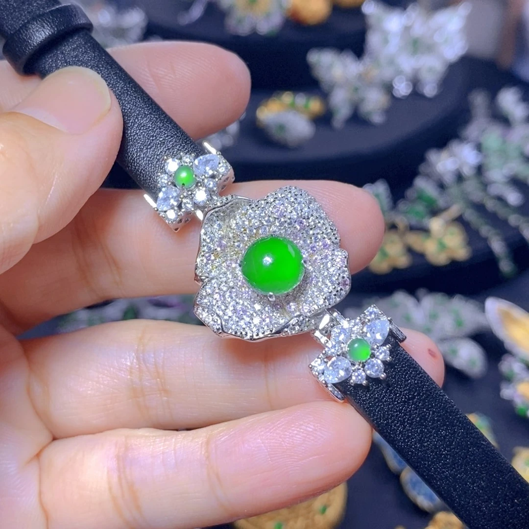 翡翠银S925镶嵌毛衣链天然翡翠