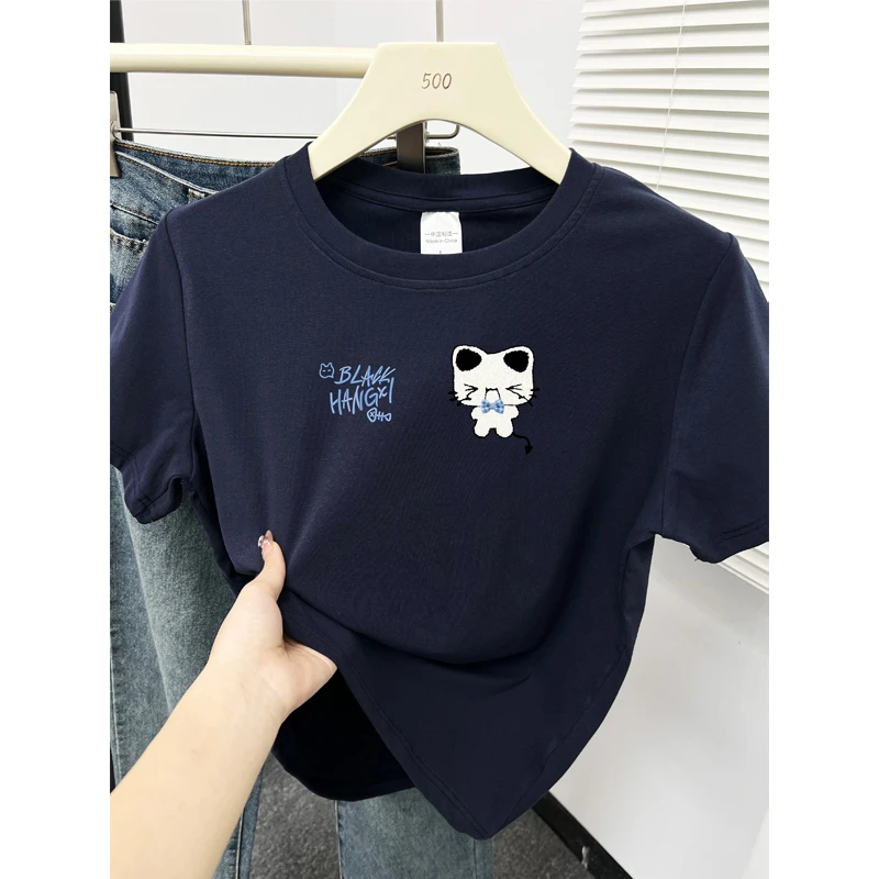 休闲正肩胖mm大码短袖t恤女装夏季百搭圆领设计感洋气显瘦上衣服