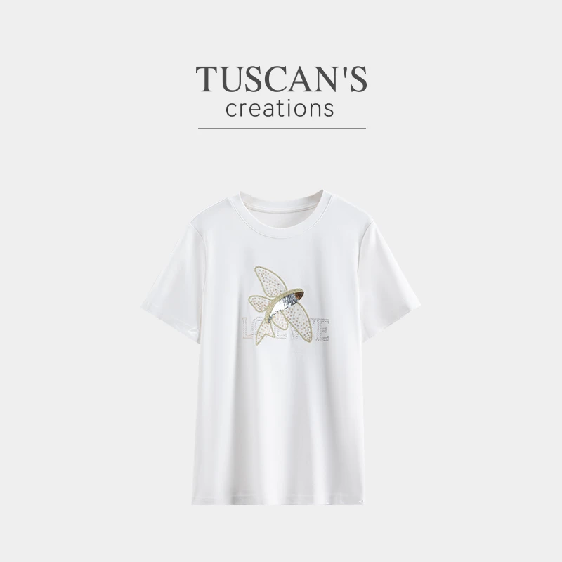 TUSCAN'S CREATIONS夏季休闲舒适刺绣圆领女士棉短袖T恤时代集团