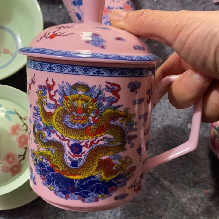 壶陶瓷红稀土斗彩龙凤直通办公杯