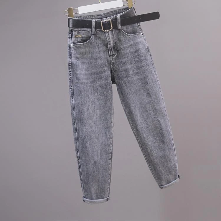 烟灰色牛仔裤女款2025冬季加绒加厚高腰百搭休闲弹力九分老爹裤子