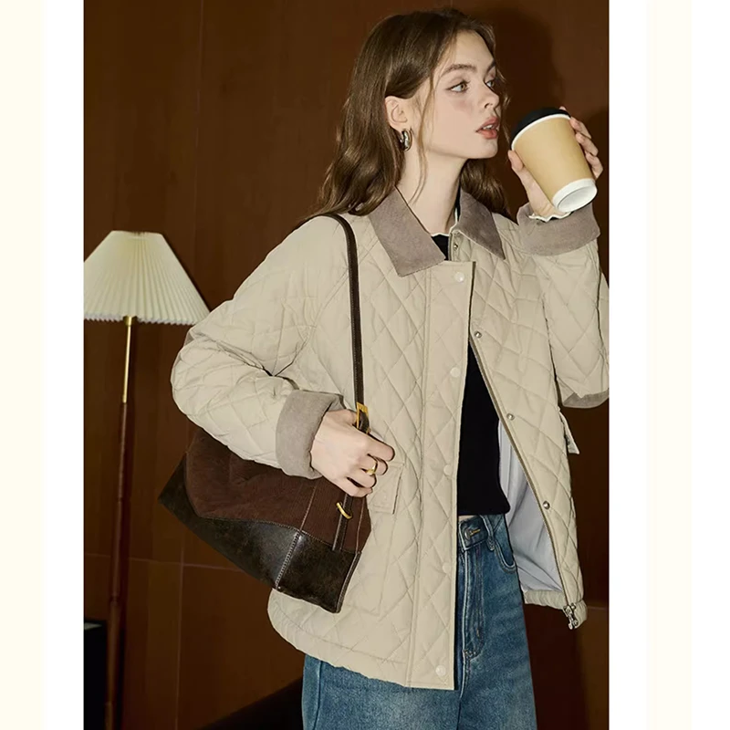 菱格棉服女2025冬季新款复古巴恩风简约宽松百搭撞色短款棉衣外套