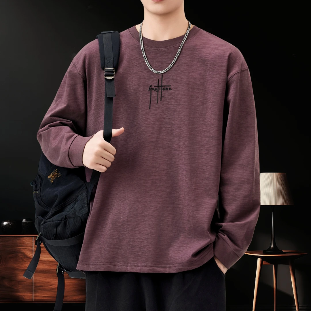 高端竹节棉简约刺绣长袖T恤男2025秋季新款宽松日系复古潮流上衣