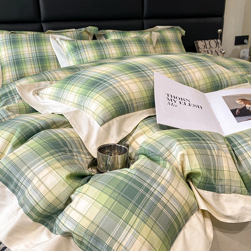 言良品至轻奢宽边新疆长绒棉全棉沃格经典条格四件套清新可机洗