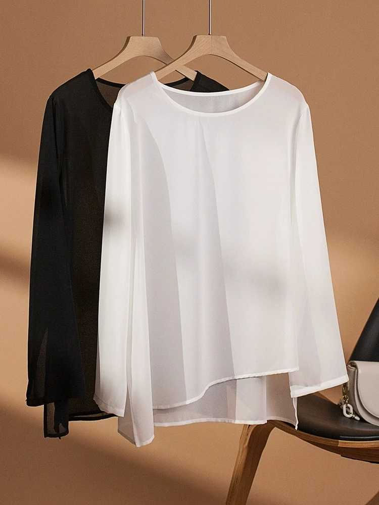 乔其纱长袖防晒衫女夏季新款纯色雪纺罩衫超薄空调衫休闲外搭上衣