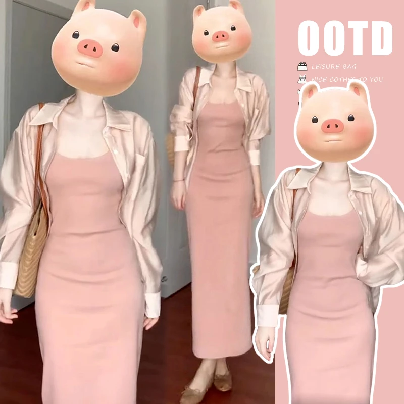 网红孕期穿搭法式粉色雪纺外衫粉色吊带连衣裙长裙夏季孕妇装