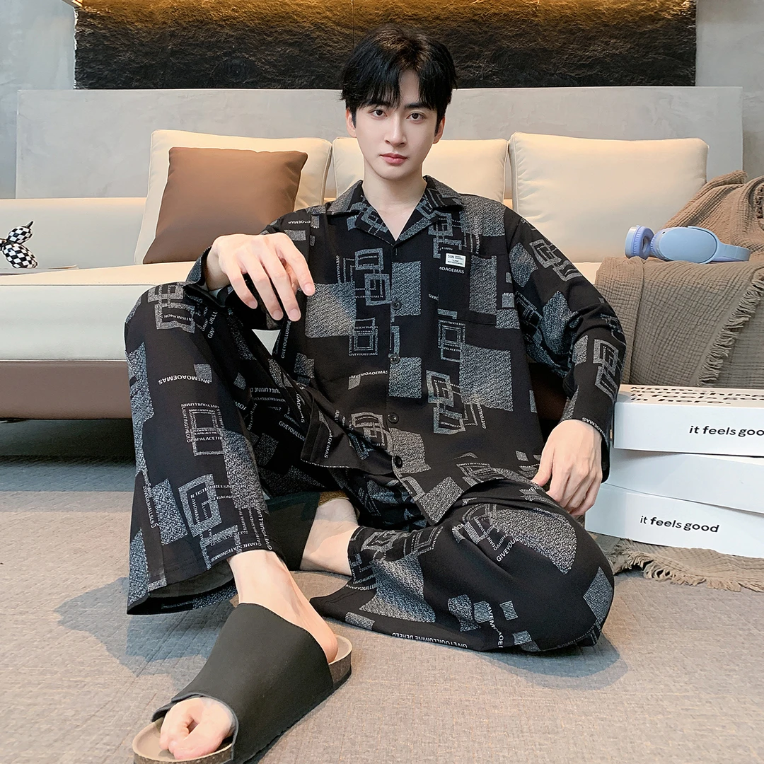 【秋季新款】轻奢男士纯棉翻领开衫睡衣男简约大气可外穿大码家居服