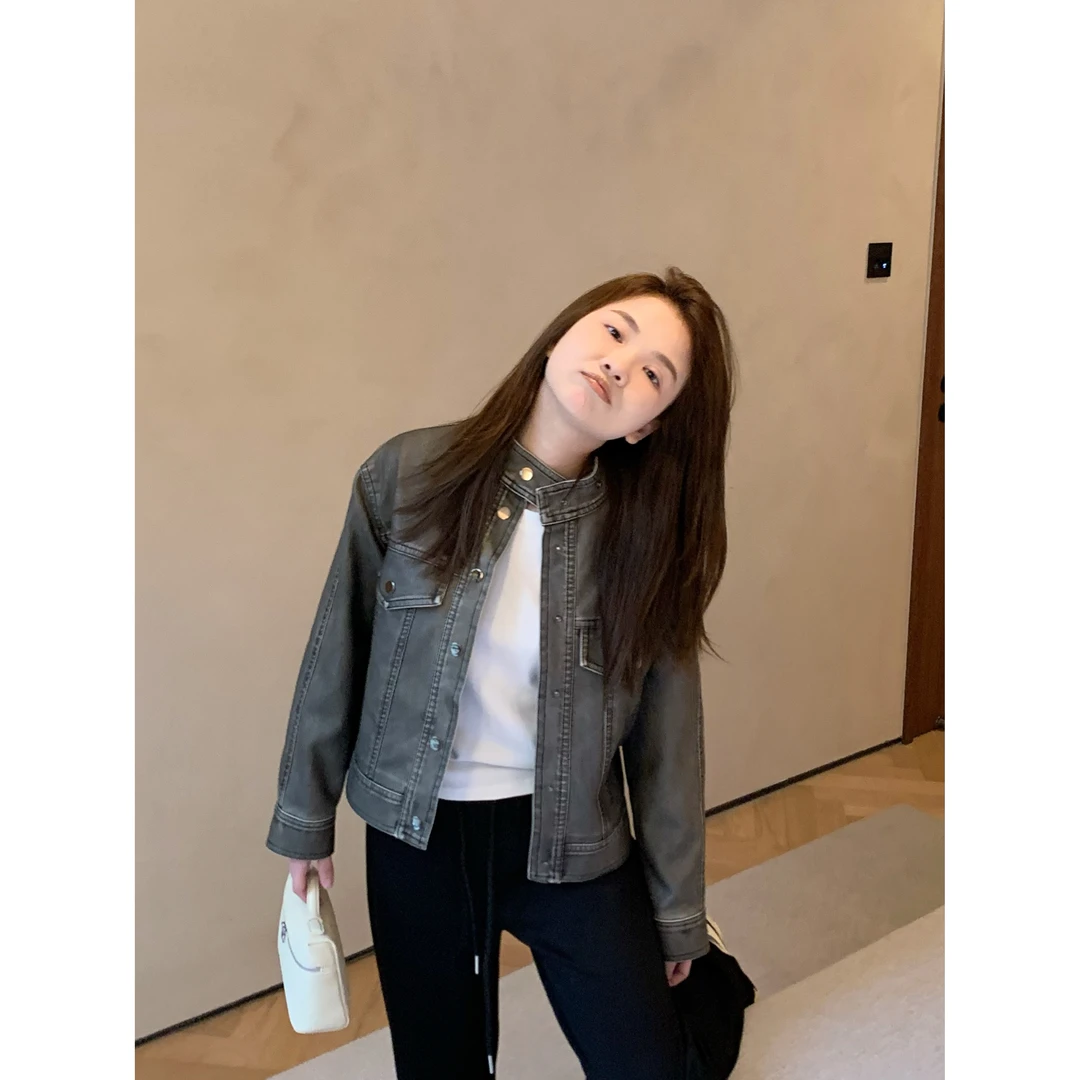 YO定制设计感复古做旧短款皮衣春季小个子百搭显高显瘦外套上衣
